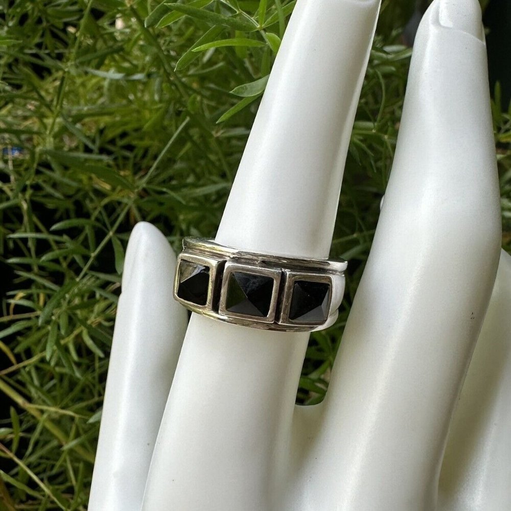 Sterling Silver Ring with Black Square Onyx Accents
